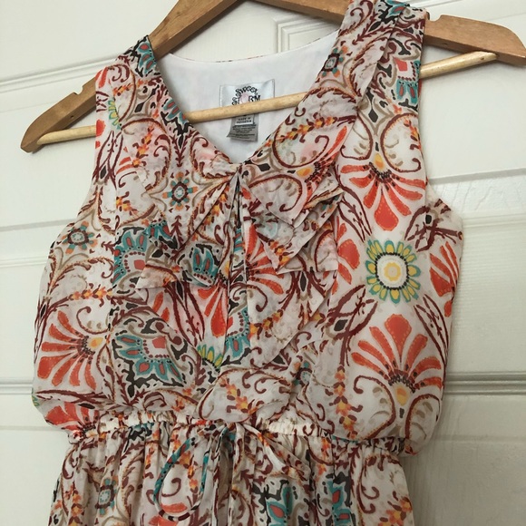 SWEET STORM Fit Flare Mini Dress Floral Ruffle V Neck Orange Cream Size Small - Picture 12 of 12